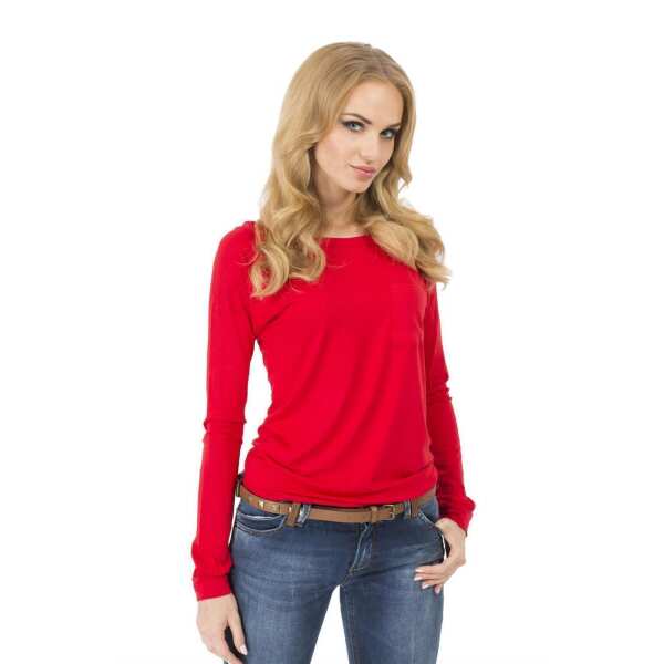 Damen Longshirt langarm T-Shirt mit Brusttasche ; Rot/M/L 38/40