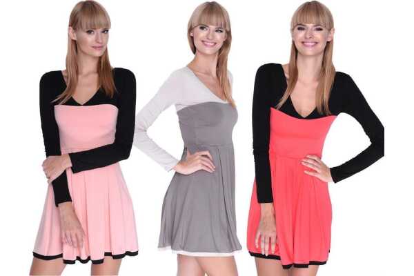 Damen Kleid Dress Glockenschnitt Skaterkleid Langarm Minikleid 2 farbig;S/M