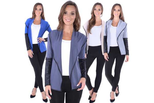 Damen Cardigan mit PU-Ärmeln Bolero; Gr. S/M;
