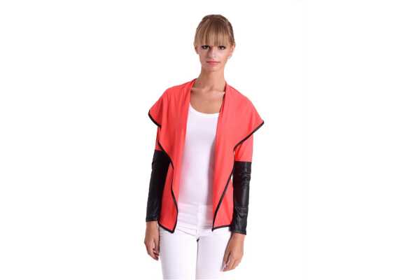 Damen Cardigan mit PU-Ärmeln Bolero; Gr. S/M; Koralle