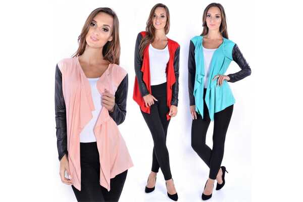 Damen Cardigan mit PU-Ärmeln Jacke Bolero;