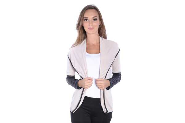 Damen Cardigan mit PU-Ärmeln Bolero; Gr. S/M; Beige