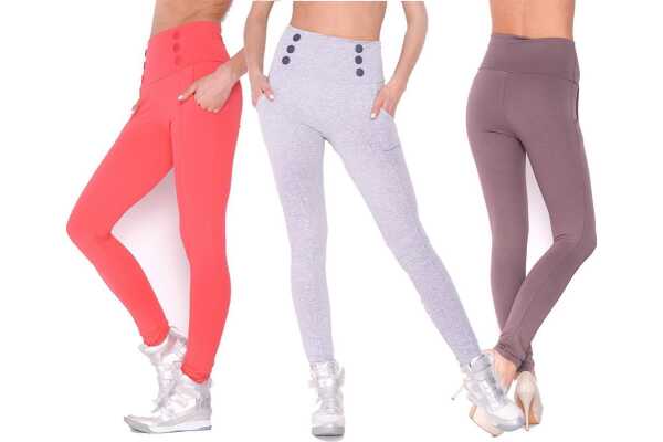Damen Leggings Hohe-Taille mit Knöpfen,