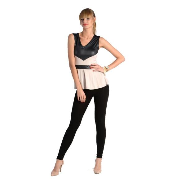 Damen Peplum Bluse Mesh Lederimitat; Beige S/M 36/38