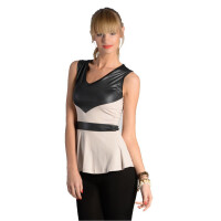 Damen Peplum Bluse Mesh Lederimitat; Beige S/M 36/38