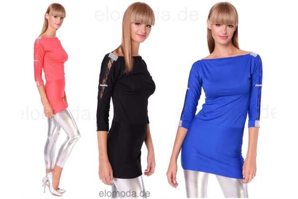 Damen Tunika Oberteil Shirt T-shirt Sweatshirt 3/4 Ärmel Pailetten Glitzer Strass Spitze;