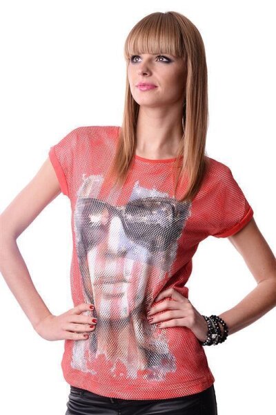 Damen T-shirt Motiv mit Netz; Koralle XS/S 34/36