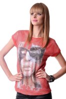 Damen T-shirt Motiv mit Netz; Koralle XS/S 34/36
