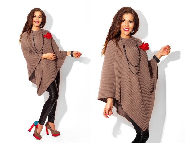 Damen Poncho Strick Umhang; S/M; Cappuccino