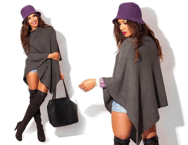 Damen Poncho Strick Umhang; S/M; Grafit