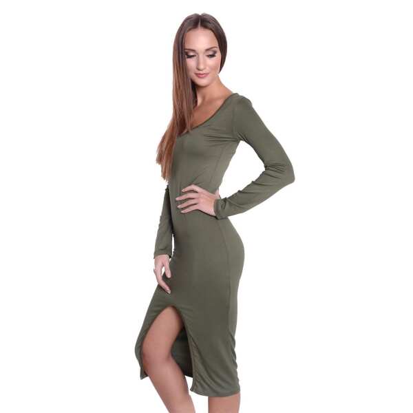 Damen Langarm Kleid Dress mit Schlitz vorne ; Khaki S/M 36/38