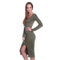 Damen Langarm Kleid Dress mit Schlitz vorne ; Khaki S/M...