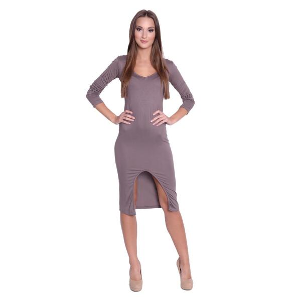 Damen Langarm Kleid Dress mit Schlitz vorne ; Cappuccino M/L 38/40