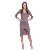 Damen Langarm Kleid Dress mit Schlitz vorne ; Cappuccino...