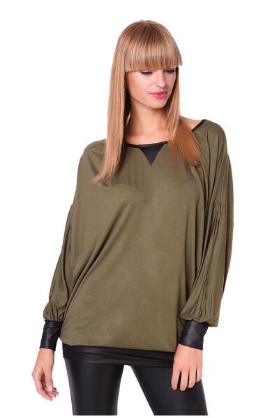 Damen Sweatshirt Shirt Pullover Pulli Oversized Langarm Tunika Bluse; Khaki/S/M