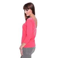 Bluse Shirt mit Perlen V-Ausschnitt,  Koralle-S/M 36/38