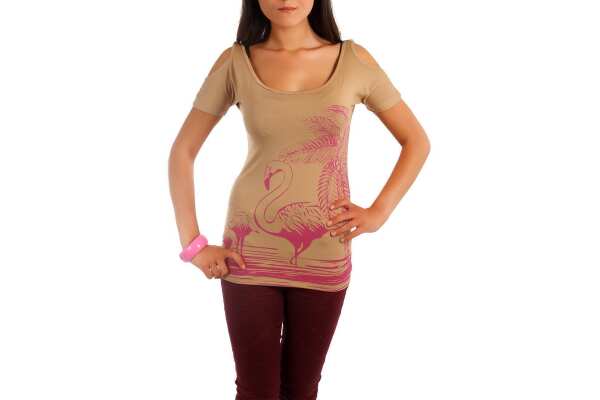 Damen Shirt T-Shirt Muster kurzarm; Camel/S/M 36/38