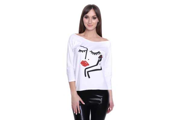Damen Longshirt mit Druck 3/4 Arm Top Styling,  Weiß/S/M 36/38