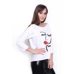 Damen Longshirt mit Druck 3/4 Arm Top Styling,  Weiß/S/M 36/38
