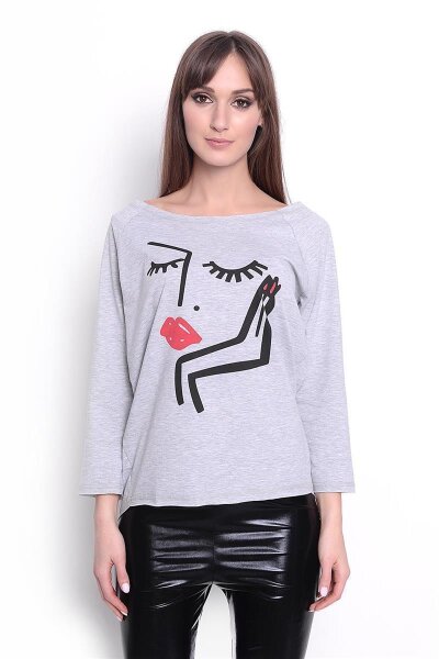 Damen Longshirt mit Druck 3/4 Arm Top Styling,  Grau Meliert/S/M 36/38