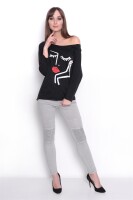 Damen Longshirt mit Druck 3/4 Arm Top Styling,  Grau Meliert/S/M 36/38