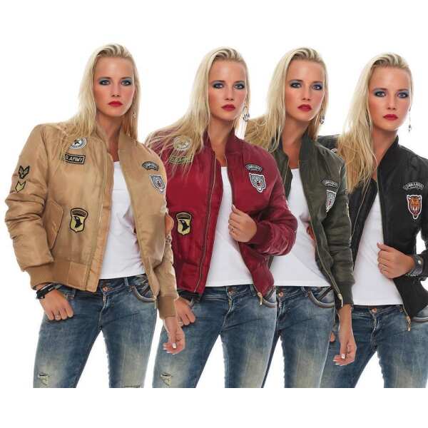 Damen Bomberjacke – Übergangsjacke mit Strickkragen & Patches