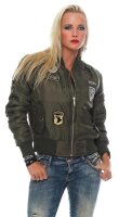 Damen Bomberjacke – Übergangsjacke mit Strickkragen & Patches