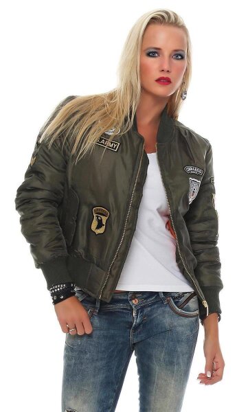 Damen Bomberjacke mit Patches, Khaki XS