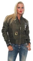 Damen Bomberjacke mit Patches, Khaki XS