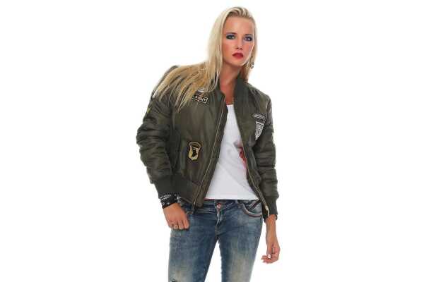 Damen Bomberjacke mit Patches, Khaki L