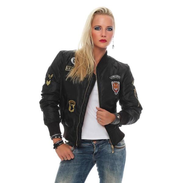 Damen Bomberjacke mit Patches, Schwarz M