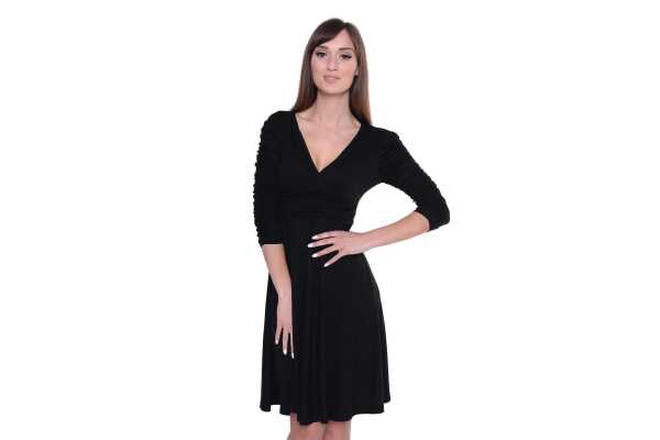 Kleid Knielang mit Raffungen Wickeloptik, V-Ausschnitt + MAMA Umstandsmode, 8199 Schwarz 2XL/3XL 44/46