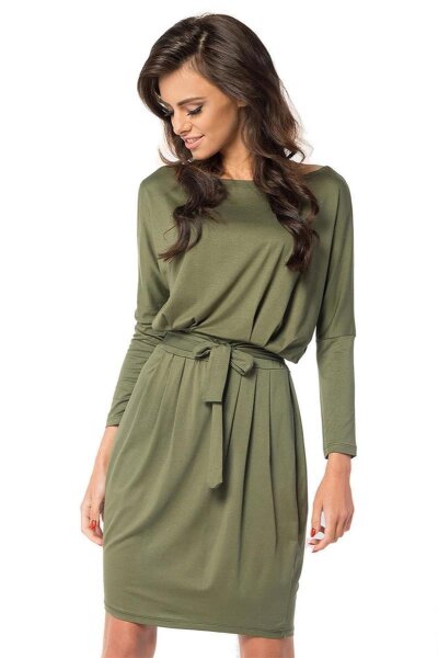 Damen Kleid mit Kordel Elegant 3/4 Arm Stylisch; Khaki/S/M 36/38