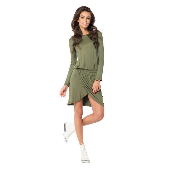 MiniKleid Überlappende Raffung Rundhals Langarm; Khaki/S/M 36/38