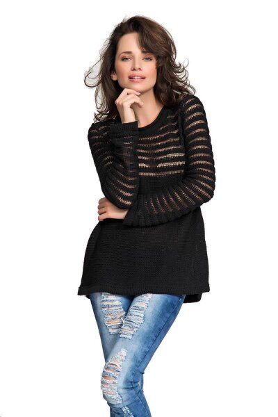 Damen Pullover Strickpullover Pulli Rundhals; Schwarz S/M 36/38