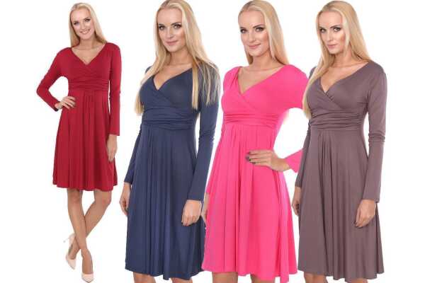 Damen Kleid A-Linie überlappender V-Ausschnitt ;
