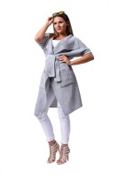 Damen Strickjacke Cardigan mit Bindegürtel; Grau/M/L