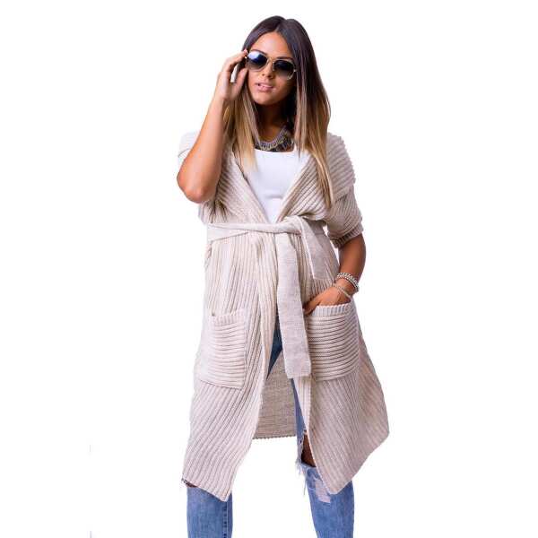 Damen Strickjacke Cardigan mit Bindegürtel; Beige/M/L
