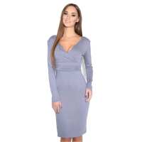 Damen Kleid Dress Langarm V-Ausschnitt ; Grau L/XL