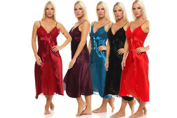 Damen langes Negligé Nachtwäsche Nachtkleid Dessous Satin; S M L XL 2XL