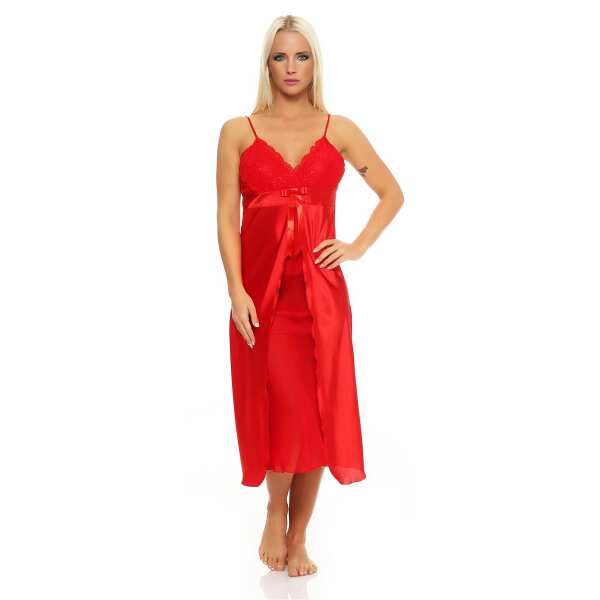 Damen langes Negligé Nachtwäsche Nachtkleid Dessous Satin; Rot S
