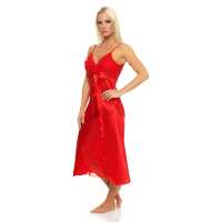 Damen langes Negligé Nachtwäsche Nachtkleid Dessous Satin; Rot S