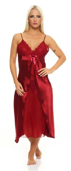 Damen langes Negligé Nachtwäsche Nachtkleid Dessous Satin; Dunkelrot L