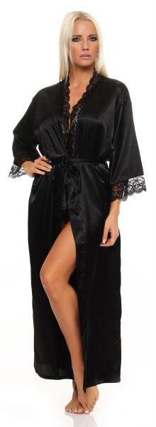 Damen langes Kimono Seidenrobe Morgenmantel; Schwarz XL