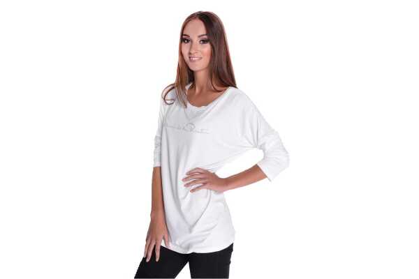 Damen Pullover langarm Bluse mit Schriftzug, Ecru/S/M