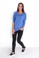 Damen Pullover langarm Bluse mit Schriftzug, Blau/S/M