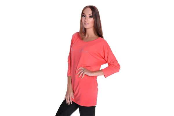Damen Pullover langarm Bluse mit Schriftzug, Koralle/S/M