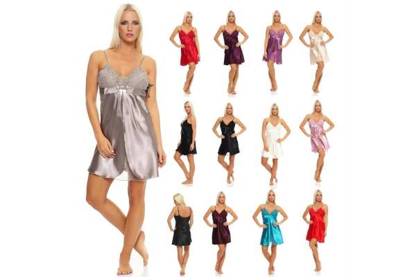 Damen kurzes Satin Negligé Nachtkleid Reizwäsche mit Spitze; S M L XL 2XL