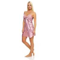 Damen kurzes Satin Negligé Nachtkleid Reizwäsche mit Spitze;  Rose/L