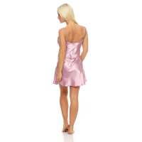 Damen kurzes Satin Negligé Nachtkleid Reizwäsche mit Spitze;  Rose/L